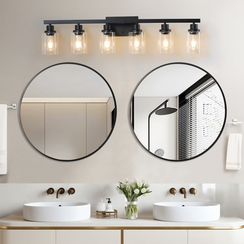 37" Modern 6-Light Bathroom Vanity Light Fixture - Black Finish with Clear Glass Shades, Perfect for Bathroom, Vanity, and Dressing Area Lighting (No Bulbs)