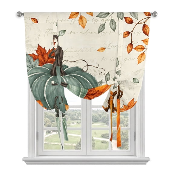 Green Orange Fall Tie Up Curtains for Windows, Adjustable Balloon Window Shades, Maple Leaves Thanksgiving Beige Kitchen Window Treatments Adjustable Roll Up Curtain for Basement/Nursery 52"x45"
