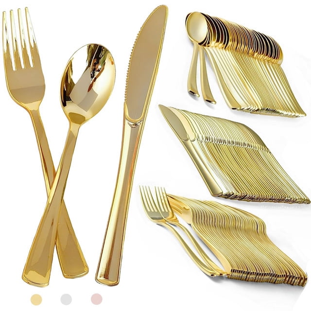 KFBGKKF Cubiertos Reutilizables, Vajilla Elegante Reutilizable de150PCS, 50 Tenedores, 50 Cuchillos y 50 Cucharas Elegantes, para Cumpleaños, Banquetes, Reuniones, Fiesta, Bodas, para 50 In