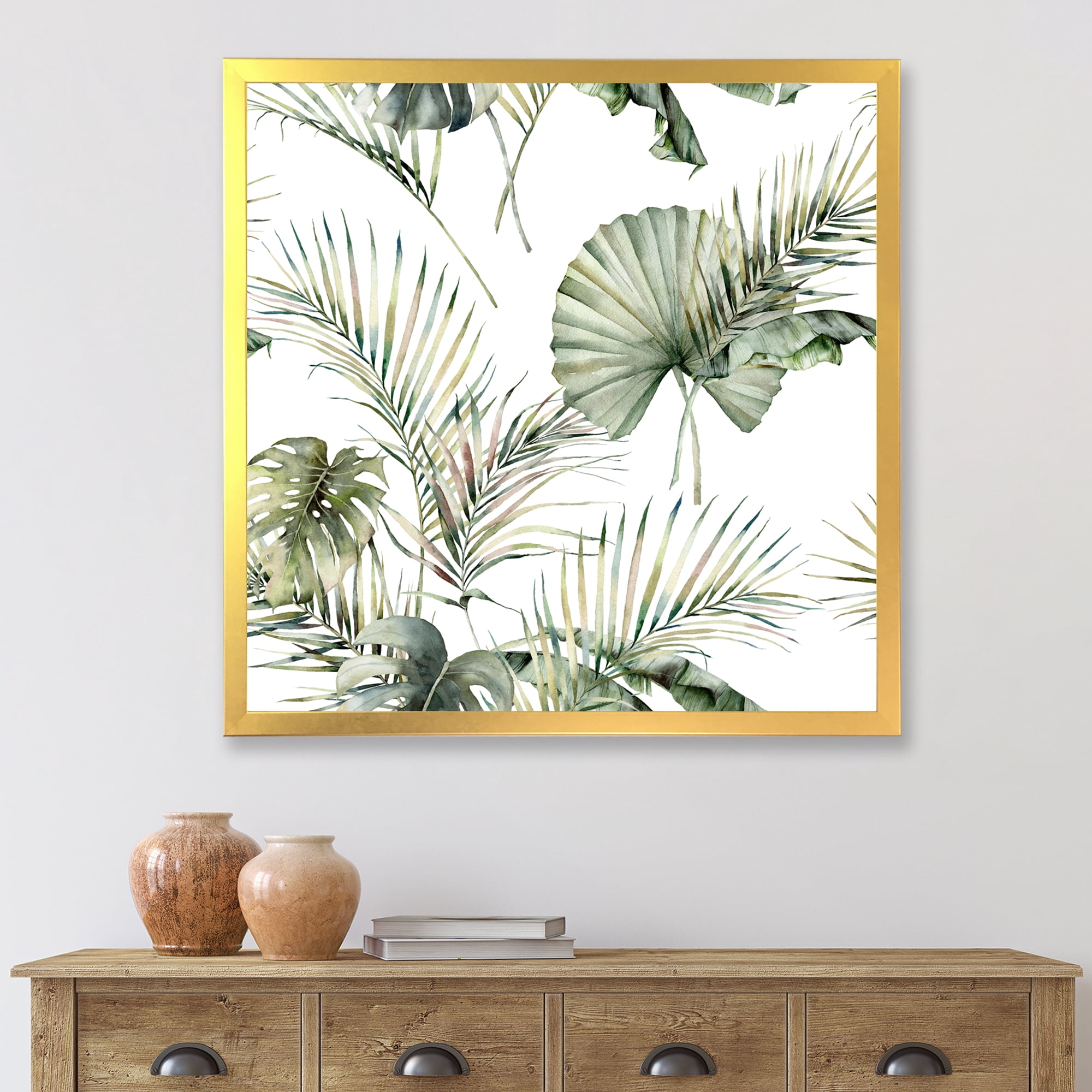 Designart 'Monstera and Coconut Leaves With Tropical Pattern' Traditional Framed Art Print