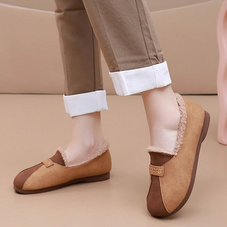 Fitoron Slip On Shoes for Women Warm Suede Flat Winter Shoes Casual Plush Loafers Khaki 7.5