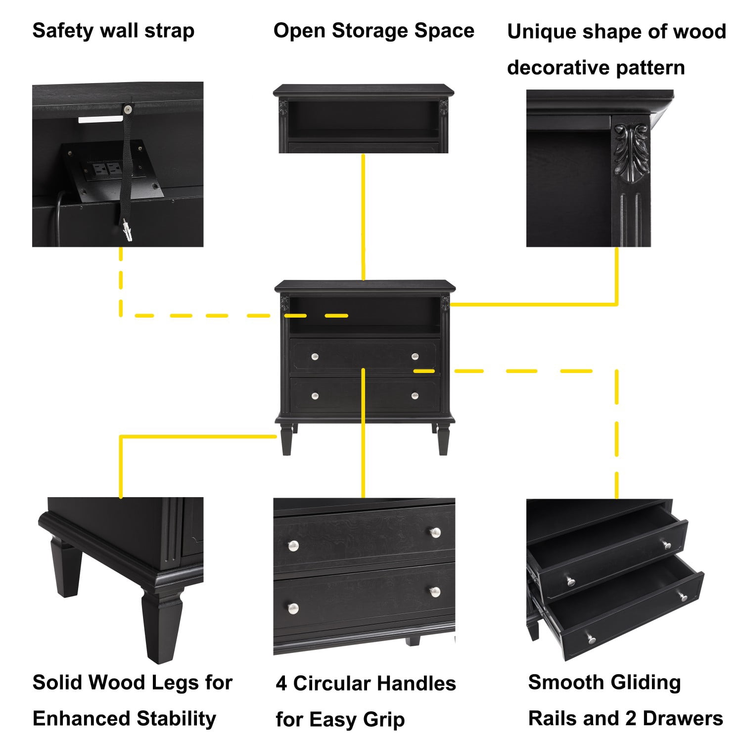 Nightstand with Charging Station, Farmhouse End Table with 2 Drawers and Open Shelf, USB Ports & Outlets, Fluted Design Bedside Table with Solid Wood Legs, Black