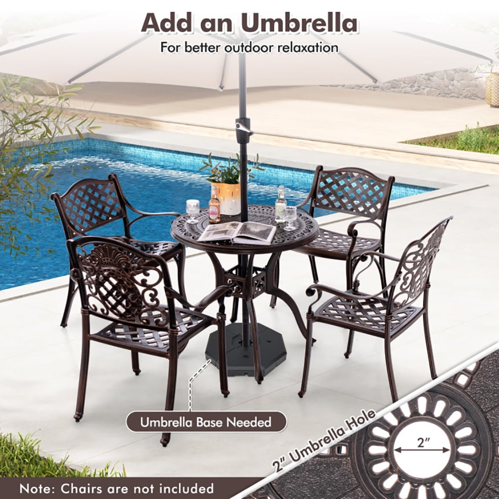 Aimee Lii 31.5" Cast Aluminum Table Patio Round Dining Table with Umbrella Hole, Balcony Chairs for Small Balconies, Copper