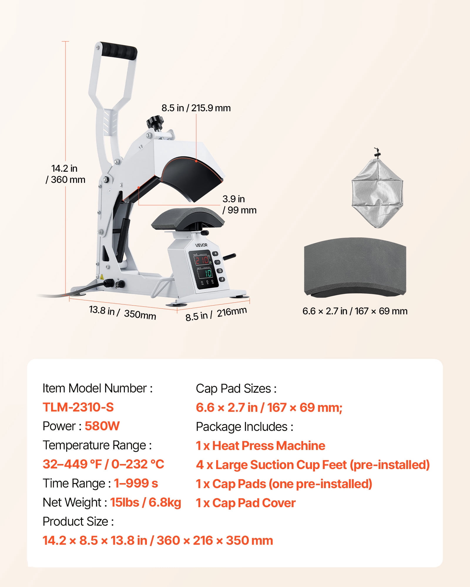 VEVOR Hat Heat Press Machine, 8.5 x 4 in Large Heating Plate, with Caps Stretcher, Precise Temperature & Time Control, Heat Press for Hats and Caps, for HTV Iron On and Sublimation Projects, White