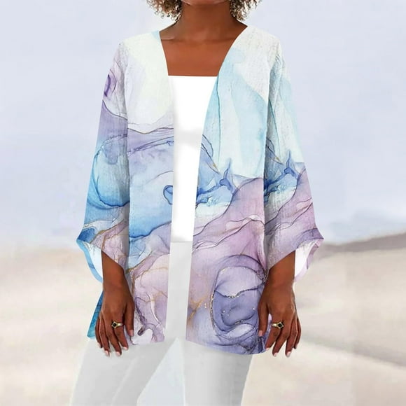 Alitao Womens Cardigan Button Down Shirts 2024 Retro Print 3/4 Sleeve Cardigans Lightweight Blouse Tops Coat Casual Duster Jackets Long Sleeve Shirts Fall Outfits Pink L