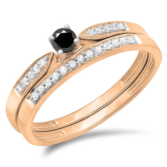 0.25 Carat (ctw) 10K Rose Gold Round Black & White Diamond Ladies Bridal Engagement Ring Matching Band Wedding Set 1/4 C