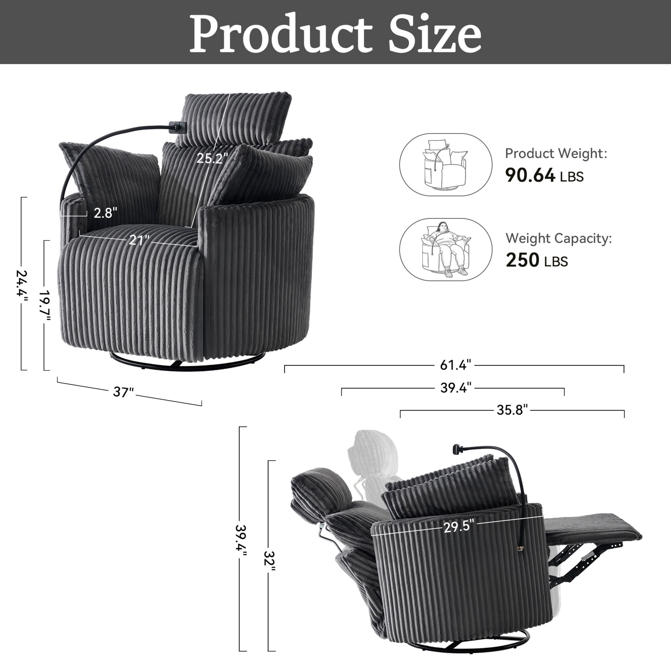 Noble House Sigrid 360° Swivel Rocking Recliner Chair, Electric Power Adjustable Corduroy Armchair with USB, Gray