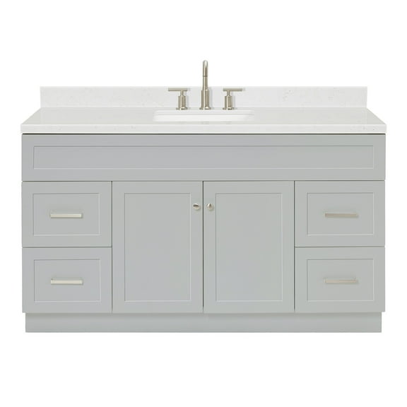 ARIEL Hamlet 60" Grey Bathroom Vanity, 1.5" Edge Carrara Quartz Countertop, Single Oval Sink, 2 Soft Closing Doors, 4 Full Extension Dovetail Drawers, Toe Kick, Brushed Nickel