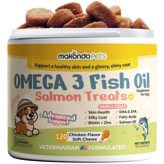 Omega 3 Soft Chews – Salmon Oil for Dogs Skin and Coat Support, Itch Relief & Shedding Support – EPA & DHA Dog Fish Oil Fatty Acids – 120 Chews by Makondo Pets.