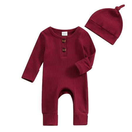 

Bagilaanoe Newborn Baby Girls Boy One-pieces Long Sleeve Jumpsuit + Hat Infant Ribbed Romper Casual Clothing