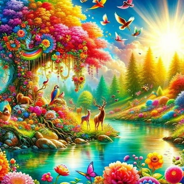 Tree Lake Mosaic Deer Bird Flower New Arrivals Rhinestone Pictures Personalized Gift, 30*30cm, frame not included.,A