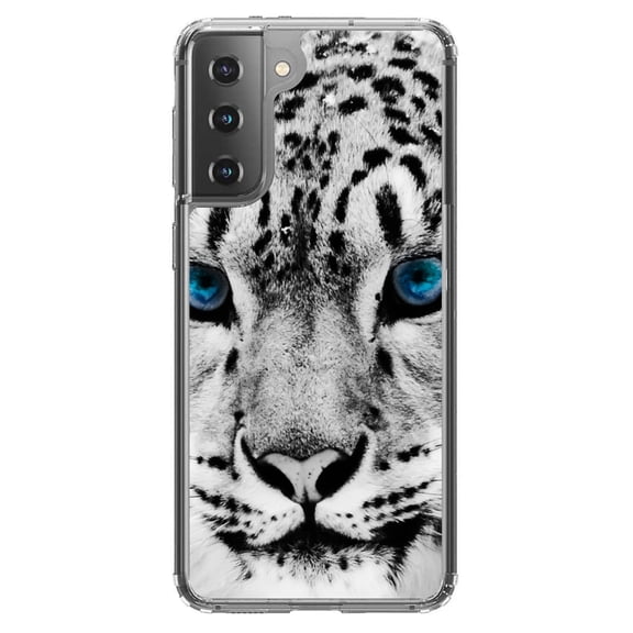 DistinctInk Clear Shockproof Hybrid Case for Galaxy S21 5G (6.2" Screen) - TPU Bumper, Acrylic Back, Tempered Glass Screen Protector - Snow Leopard Blue Eyes - Animal Print