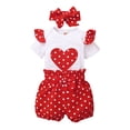 thumbnail image 2 of KYAIGUO 3PCS Infant Newborn Baby Girls Summer Heart Pattern Bodysuit Outfit Set Romper Jumpsuit with Ruffle Shorts Bottoms Headband 0-18M, 2 of 11