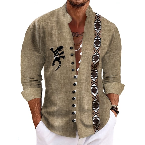 Mens Cotton Linen Shirts Graphic V Neck Long Sleeve Pullover Shirts Buttons Up Vintage Streetwear Tees Top Beige L