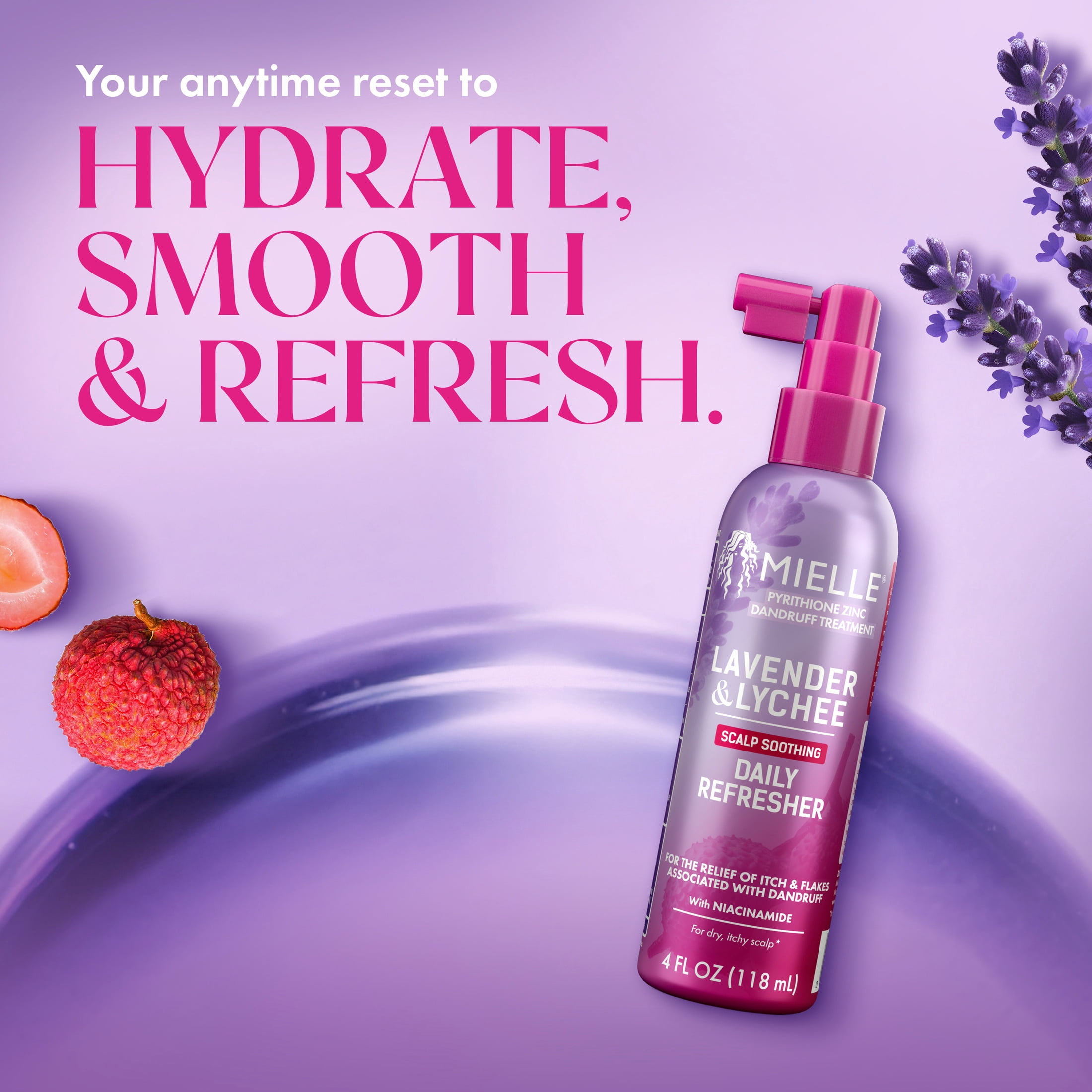 Mielle Lavender and Lychee Scalp Soothing Daily Refresher, with Zinc Pyrithione, Niacinamide, and Lavender Extract, 4 fl oz
