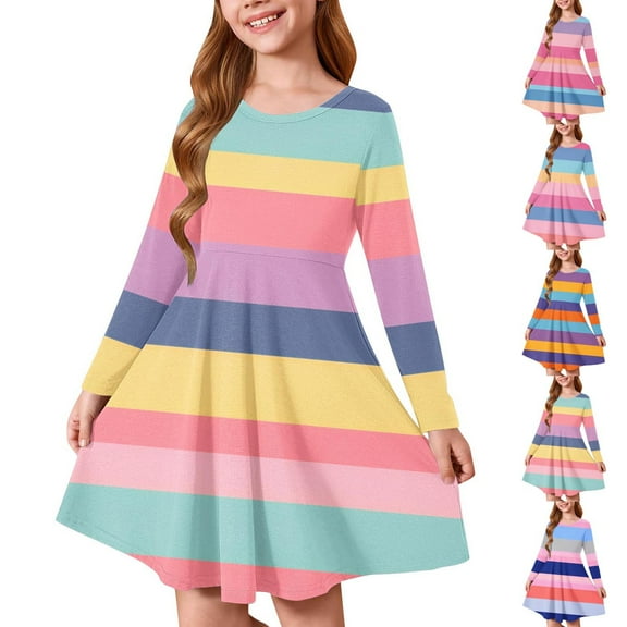 Ashirexll Girls Dresses Size 10-12, Girls Long Sleeve Dress, 4-14Y Children Long Sleeve Stretchy Dress A-Line Colorful Striped Dress Fall ana Winter Dresses
