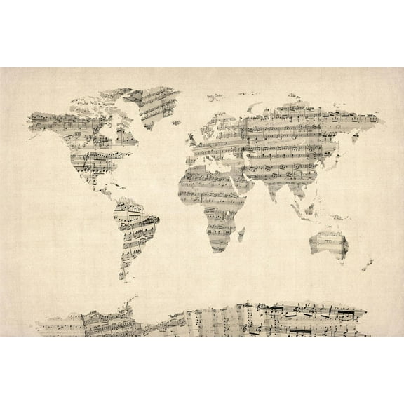 Art.com Map of the World Map from Old Sheet Music Art Print by Michael Tompsett, 36" x 24"