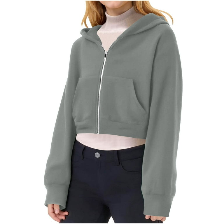Jinhomg Hoodies for Teen Girls Cropped Zip Up Drawstring Hoodie