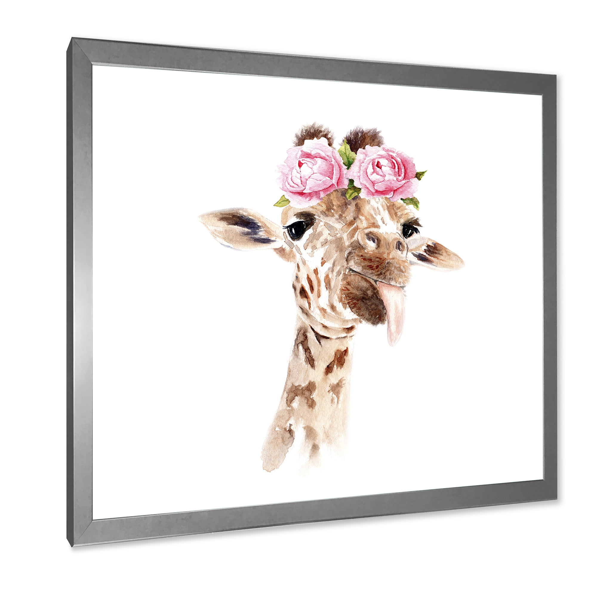 Designart 'Portrait of A Giraffe With Pink Flowers' Farmhouse Framed Art Print