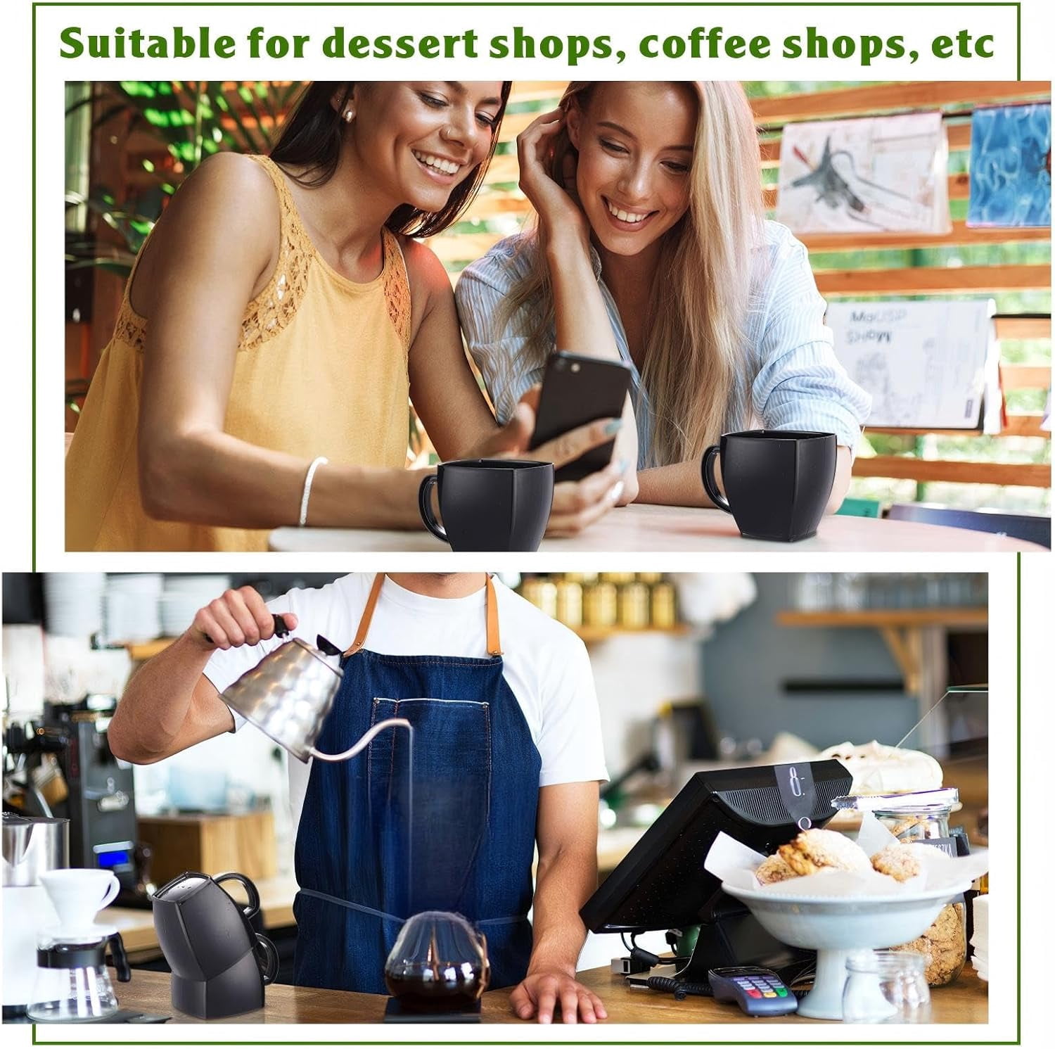 5 oz Disposable Tea Cups Bulk Mini Plastic Tea Cup Bulk with Handle Hard Coffee Mug Reusable Square Espresso Mugs for Party Wedding (Black,100 Pcs)