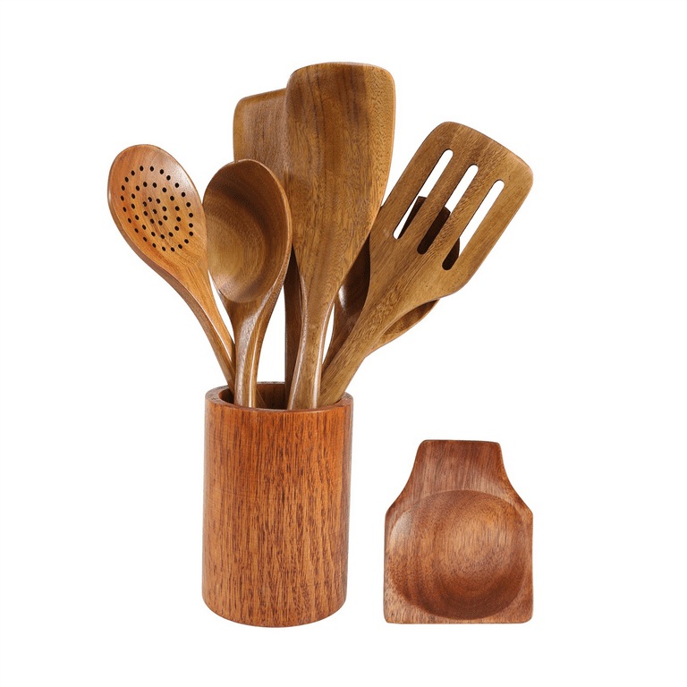 9 Pcs Wooden Spoons For Cooking, Wooden Utensils For Cooking With Utensils  Holder, Teak Wooden Kitc A