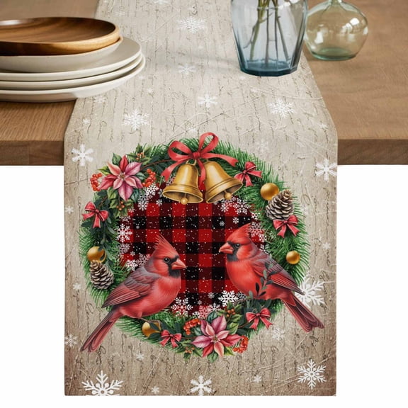 Christmas Table Runner 90 Inches, Xmas Botanical Birds Snowflake Plaid Bed Runner Dresser Scarves Tabletop for Indoor Outdoor Parties/Ceremony/Banquet, 13" x 90"