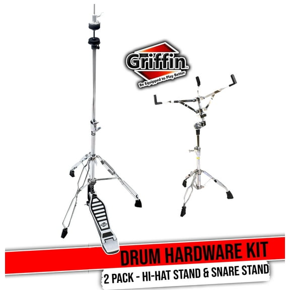 Drum Hardware Set - Hi-Hat Stand & Snare Drum Stand (2-Piece Kit) by GRIFFIN | Hi-Hat Pedal with Pull Chain, Chrome Double-Braced Kit & Mount Basket for Snares, Tom Drums & Practice Pad