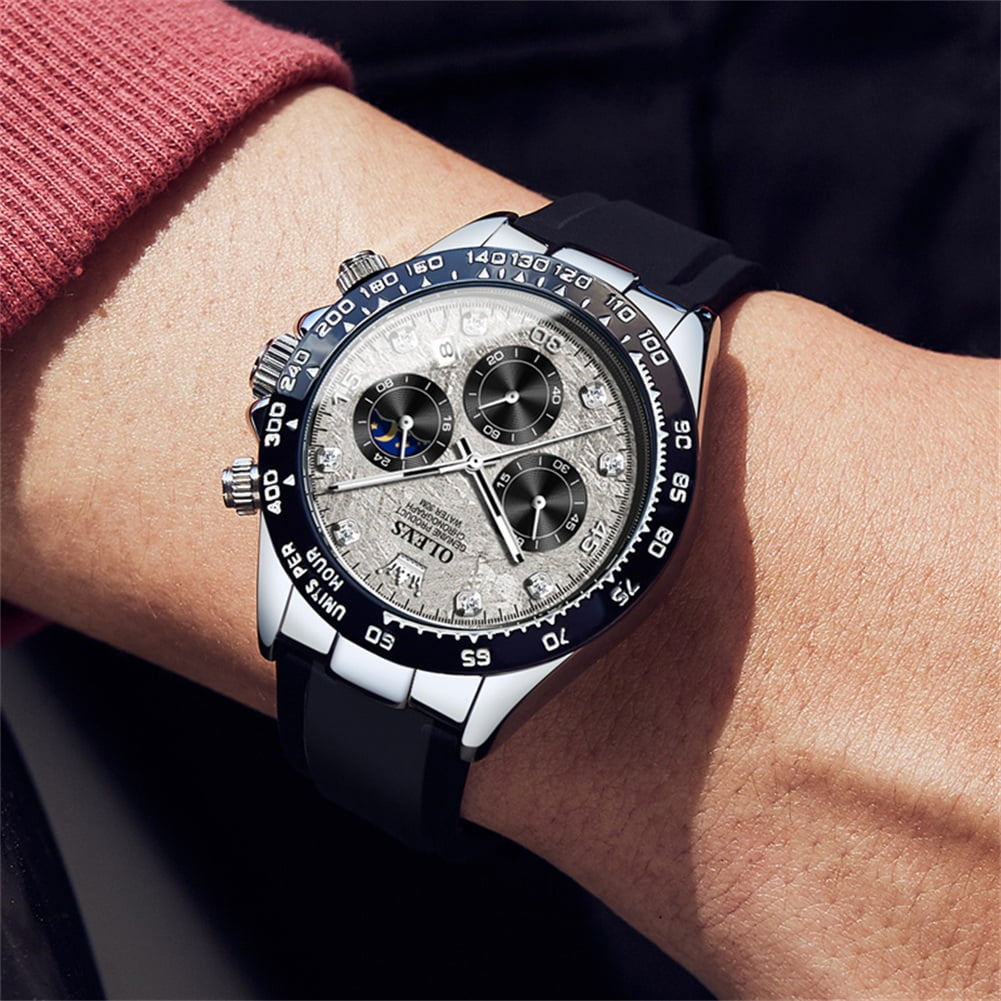 OLEVS Watches for Men Chronograph Multifunction Sport Silicone Luxury Dress Diamond Moon Phase Quartz Male Watch Waterproof Mens Wrist Watches Reloj para Hombre,Gold/Black/White/Blue/Grey Dial