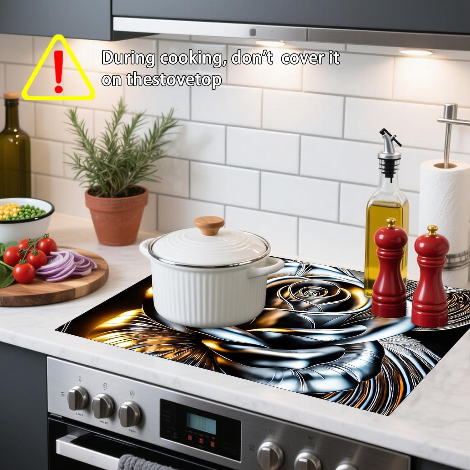 Stove Top Cover Polyester & Diatom Mud Blend 28.35×20.47inches (Metallic Rose Design) Stove Top Cover for Kitchen Decor Cooking Areas, Home Styling