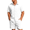 thumbnail image 2 of LEKWK 2 Piece Set for Men Loose Fit Solid Textured Beach Vacation Summer Outfits Button Down Short Sleeve Collared Tops and Elastic Waist Shorts, 2 of 5