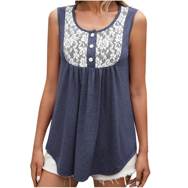 Hauts Grande Taille pour Femmes en Liquidation, Blouse à Manches Courtes d'Été pour Femmes, Haut Décontracté à Col Rond avec Dentelle et Patchwork