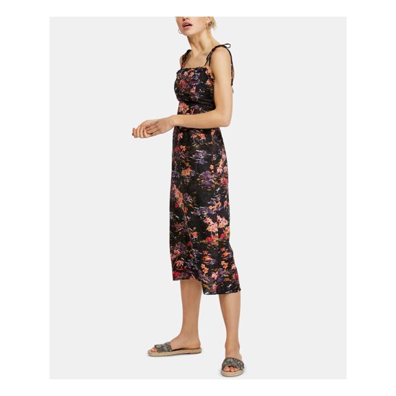 FREE PEOPLE Womens Black Floral Square Neck Tea-Length Shift Dress Size: 0