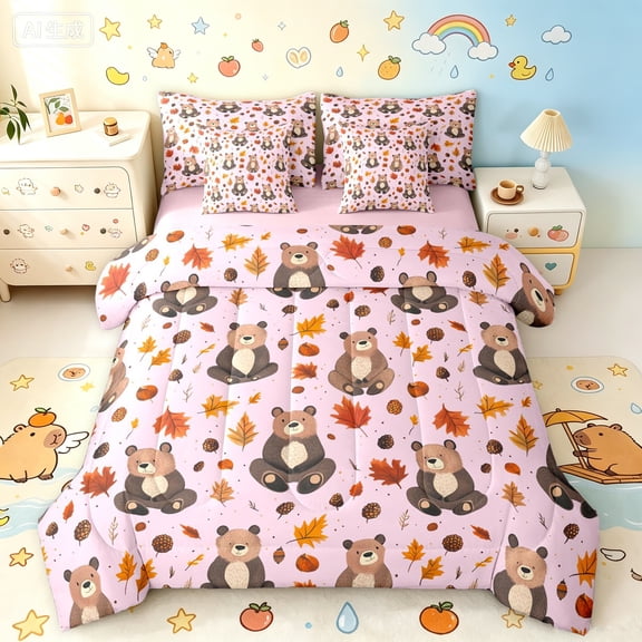 Manfei Cute Rustic Bear Twin Bedding, Waterclor Fall Leaves Bedding Comforter Set, Pink, Pink Reversible, 7 Pieces