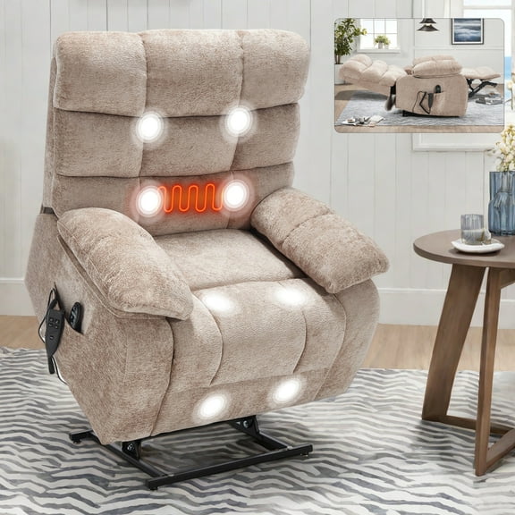 Lisonu Dual Motor Power Lift Recliner Chair with Heat and Massage, Infinite Position Electric Recliner for Elderly, Oversized Heavy-Duty Chenille Sofa Chair up to 350 lbs, Beige
