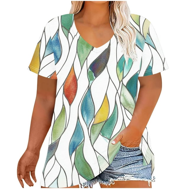 Camisetas Casuales de las Mujeres Más Tamaño V-Cuello Impresión Manga Corta Color Sólido Base de Verano Superior, Ligero para Diario
