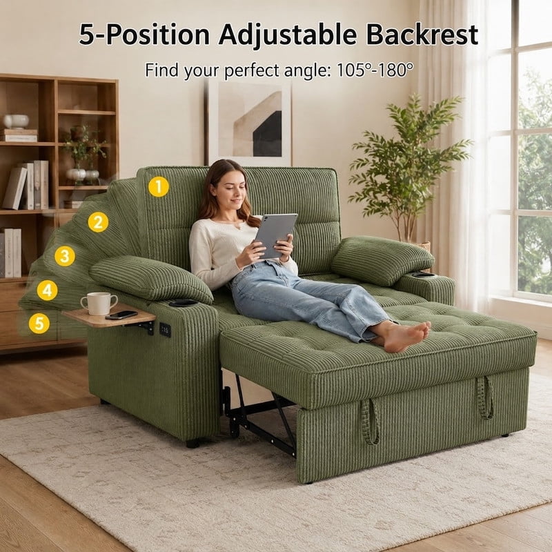 58" Sleeper Sofa Bed, Full Size Pull Out Couch, Convertible Loveseat Sofa with 5-Level Adjustable Backrest, USB Charging Ports, Cup Holders & Foldable Side Table, for Living Room, Apartment & Office