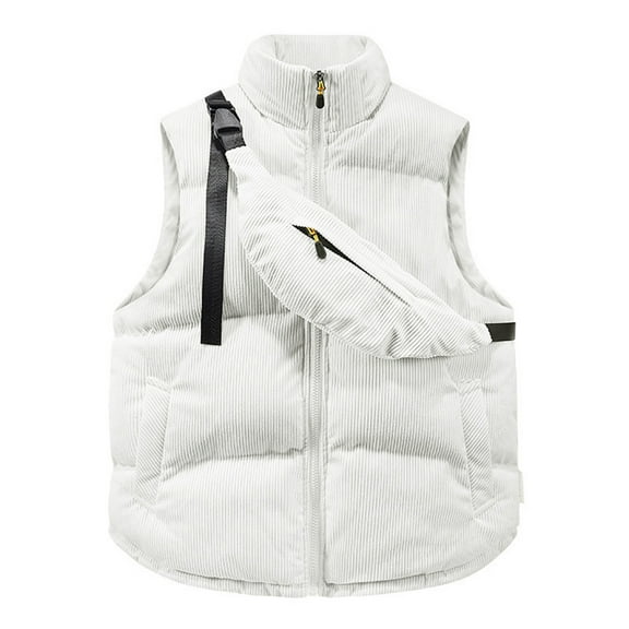 Hogleaql Mens Sherpa Lined Puffer Vest Corduroy Zip Up Sleeveless Soft Stand Collar Waistcoat Detachable Backpack Dressy Quilted Jackets Padded Thicken Warm Outerwear Vest with Pockets Winter White L
