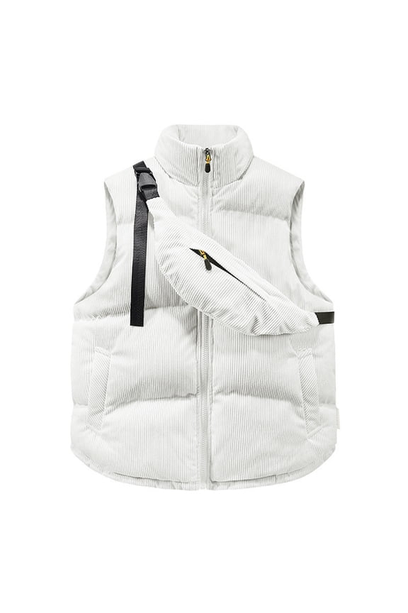 Men's Corduroy Puffer Vest Sleeveless Zip Up Down Vest Quilted Water-Resistant Windproof Jackets Stand Collar Warm Winter Casual Puffy Jacket Outerwear for Running Golf Outdoor,White 3XL