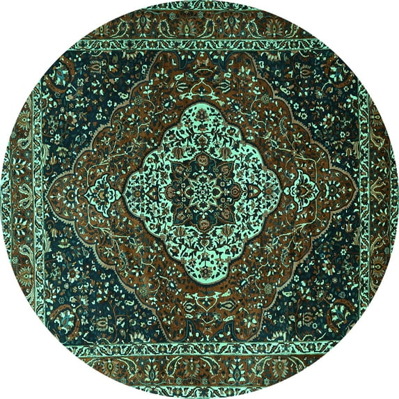 Ahgly Company Machine Washable Indoor Round Medallion Turquoise Blue Traditional Area Rugs, 5' Round