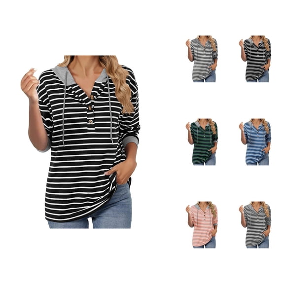 Striped Hoodies for Women 2025 Fall Winter Long Sleeve Lightweight Button Loose Hooded Sweatshirt Pullover Tops