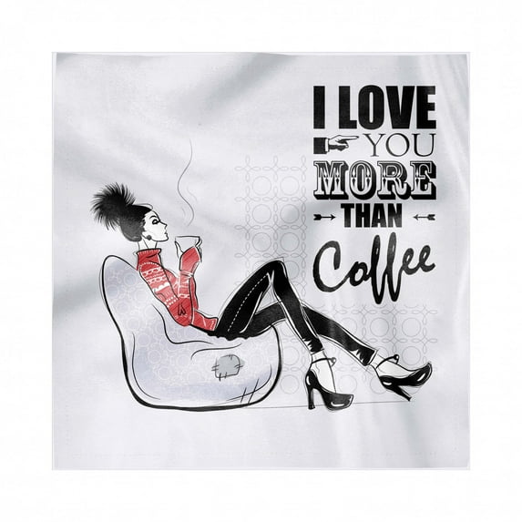 Saying Decorative Satin Napkins Set of 4, Sketch Woman with Mug and I Love You More than Coffee, Square Fabric Party & Dinner Napkin, 12", Purple Grey, by Ambesonne