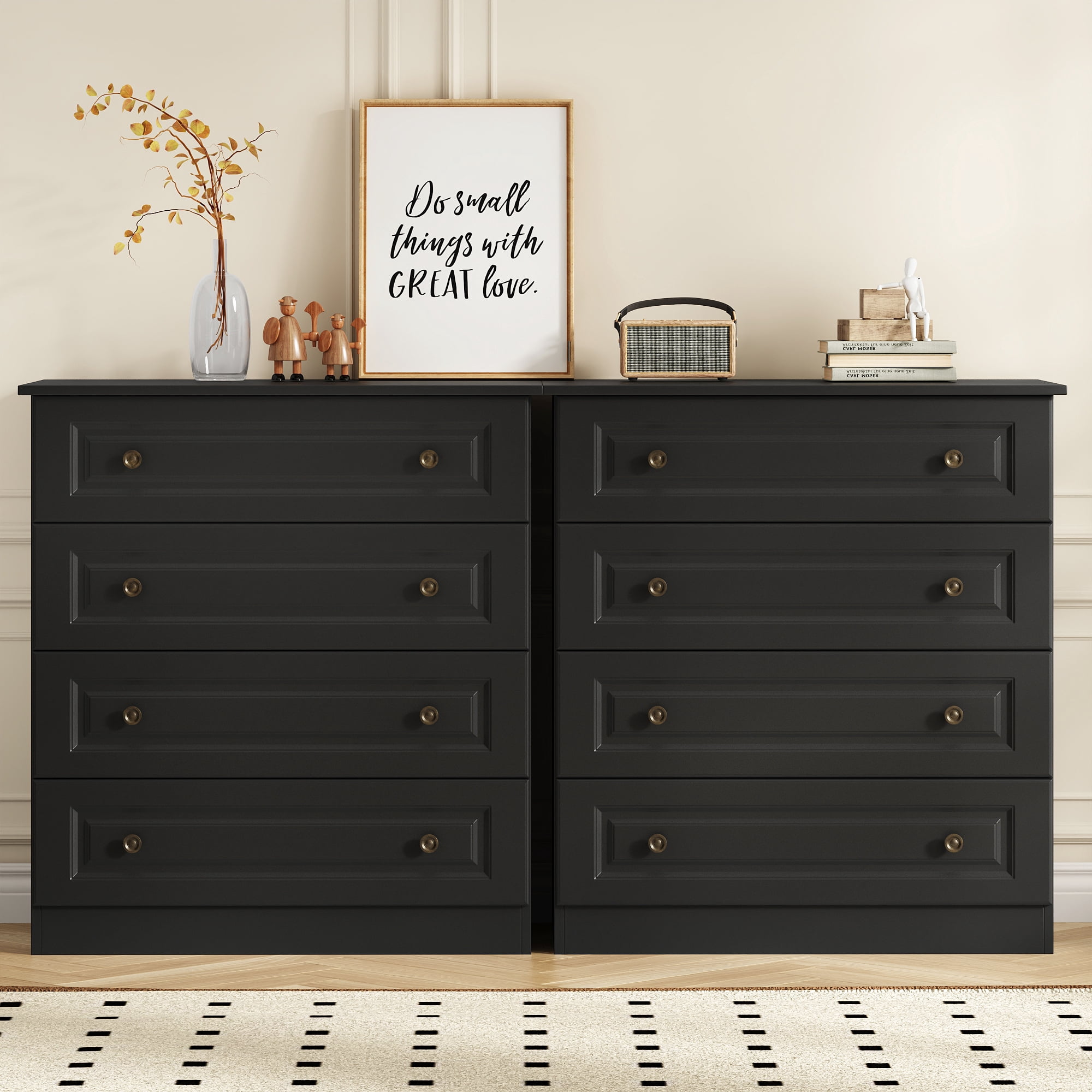 4 Drawer Black Dresser for Bedroom, 35 Inch Tall Storage Chest with Large Drawers, Modern Space Saving Furniture for Hallway, Entryway (White)