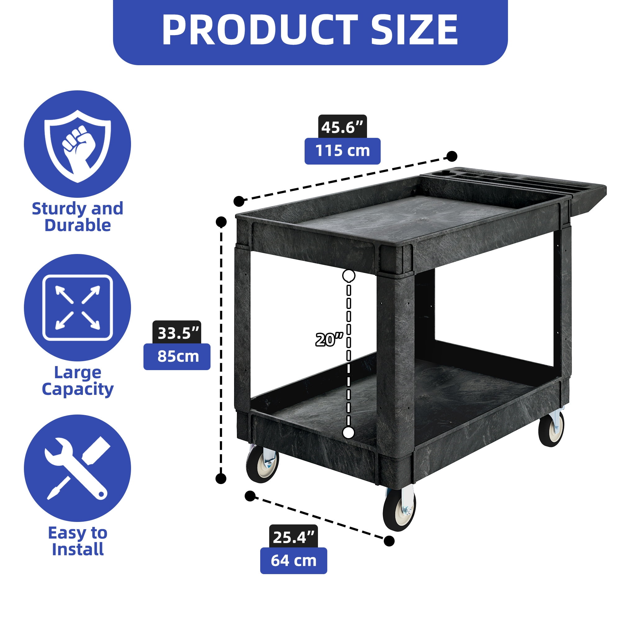 ModFusion Heavy-Duty Utility Cart with Wheels – 550 lbs Capacity Industrial Service Cart with Deep Storage Shelves for Easy Transport and Organization