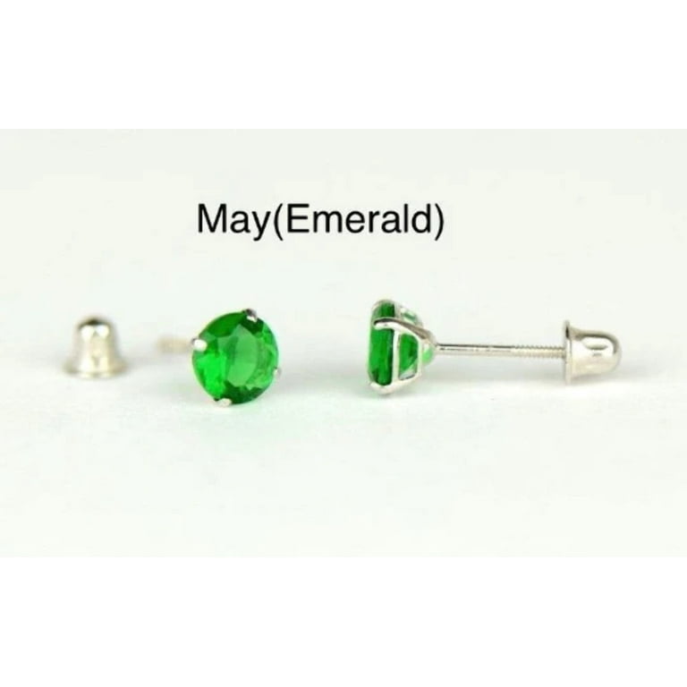 14K Real White Gold Round Birthstone Stud Screw Back Earrings / CZ