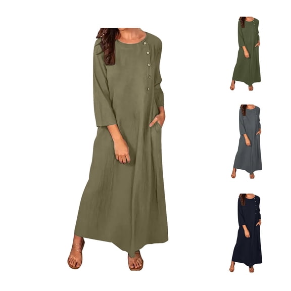 Bixock Plus Size Dresses for Women,Women's Dresses,Dresses for Women Solid 3/4 Sleeve Round Neck Button Front Cotton Linen Maxi Dresses