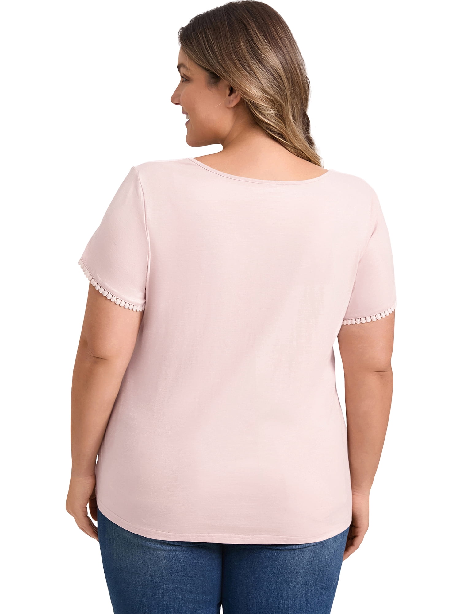 DARING DIVA Women's Plus Crochet Trim V Neck Blouse 4X Light Pink