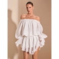 thumbnail image 6 of White Off Shoulder Puff Sleeve Ruffle Mini Dress With Asymmetric Hem For Evening Or Date, 6 of 8