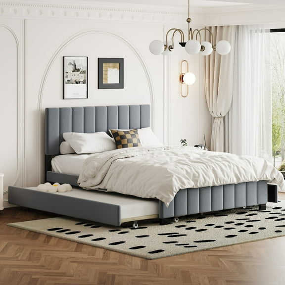 Newboti Furniture Queen Size Velvet Upholstered Platform Bed with 2 Drawers and 1 Twin XL Trundle- Gray NO.88292