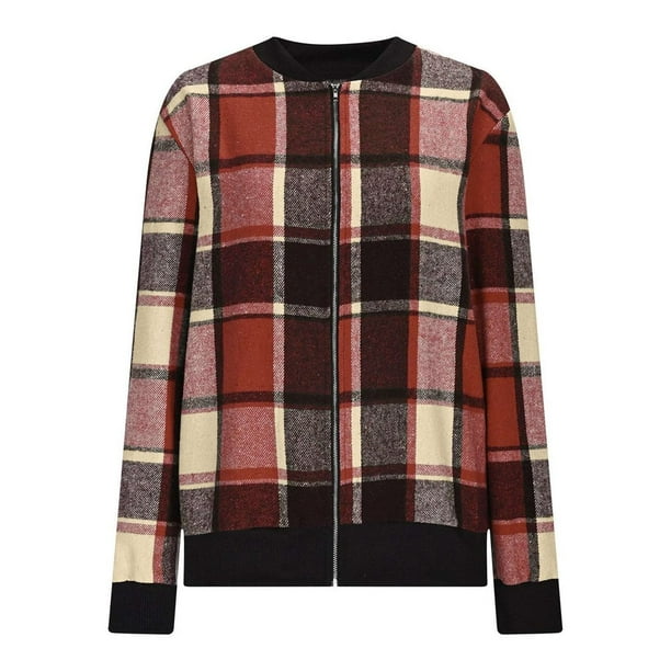 Chaquetas de Mujer Informales con Cremallera, de Franela A Cuadros, Larga, Holgadas, Ideales para Otoño. Rojo Ladrillo XXL