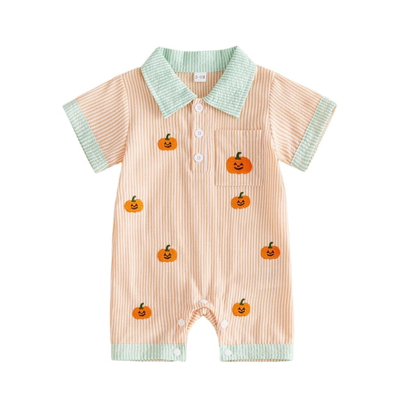 Gunia Baby Boys Girls Halloween Outfit Summer Cartoon Pumpkin Embroidered Romper Striped Lapel Jumpsuit Outfits Orange 6-12 Months